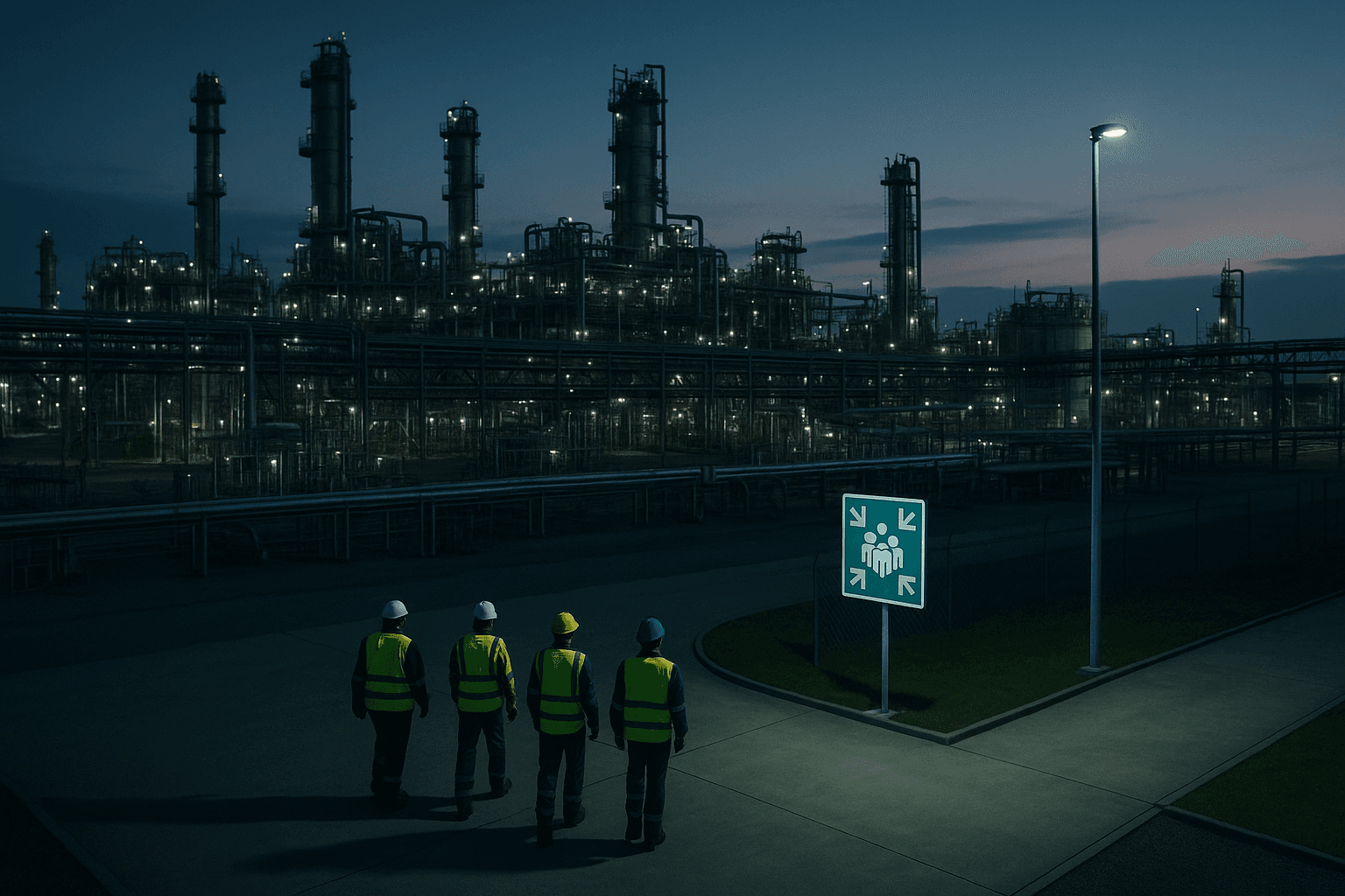 Workers in high-visibility PPE at an industrial site muster point