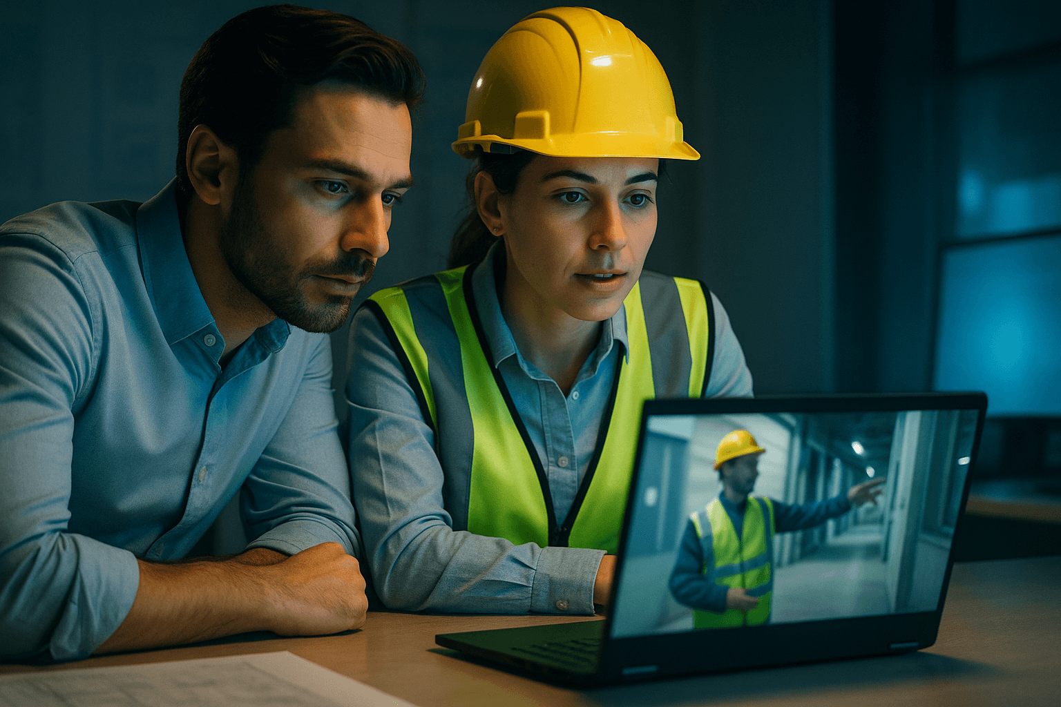 Two professionals watching a live safety console walkthrough together at a site office