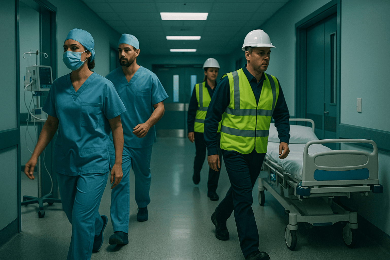 Clinical and estates staff moving through a hospital ward corridor past medical equipment