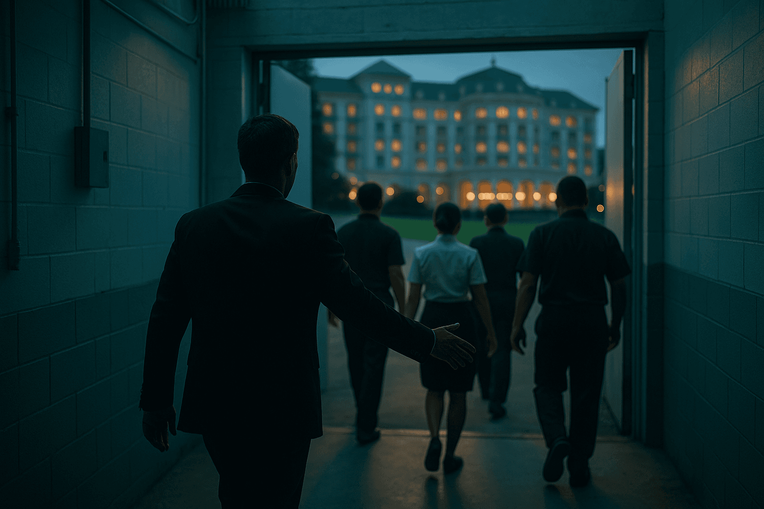 Hotel staff calmly guiding people toward an exit through a back-of-house service corridor
