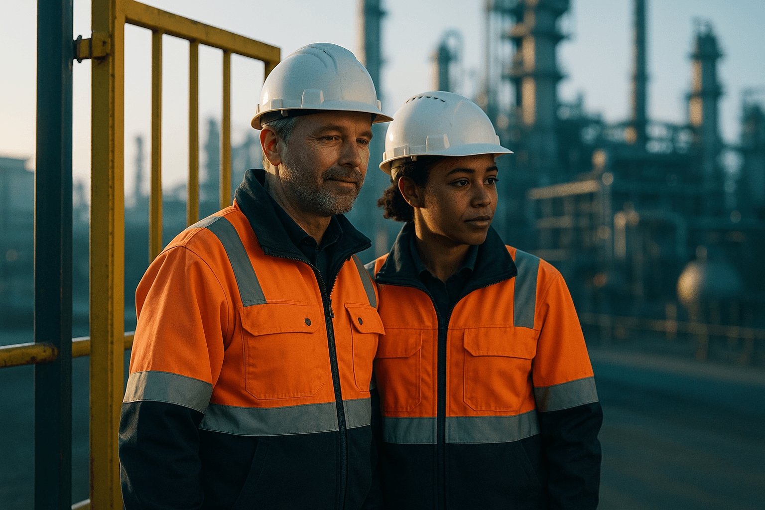 Two colleagues in high-visibility PPE at an industrial site entrance