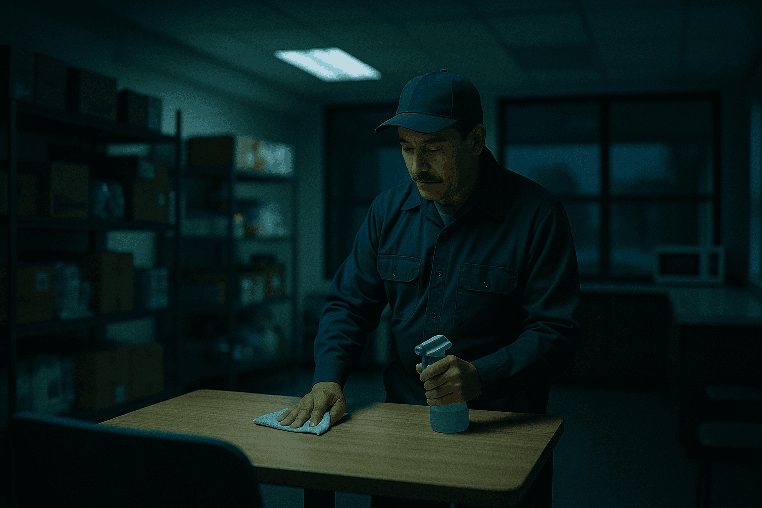 A lone worker in uniform working alone in a quiet stockroom at dusk