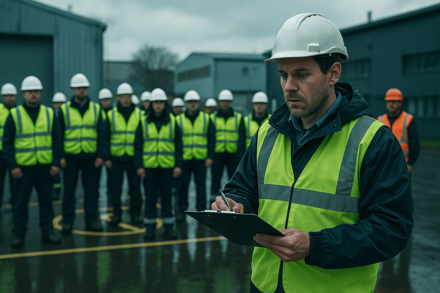A fire warden holding a clipboard, mid-count, at an outdoor muster point during an evacuation drill