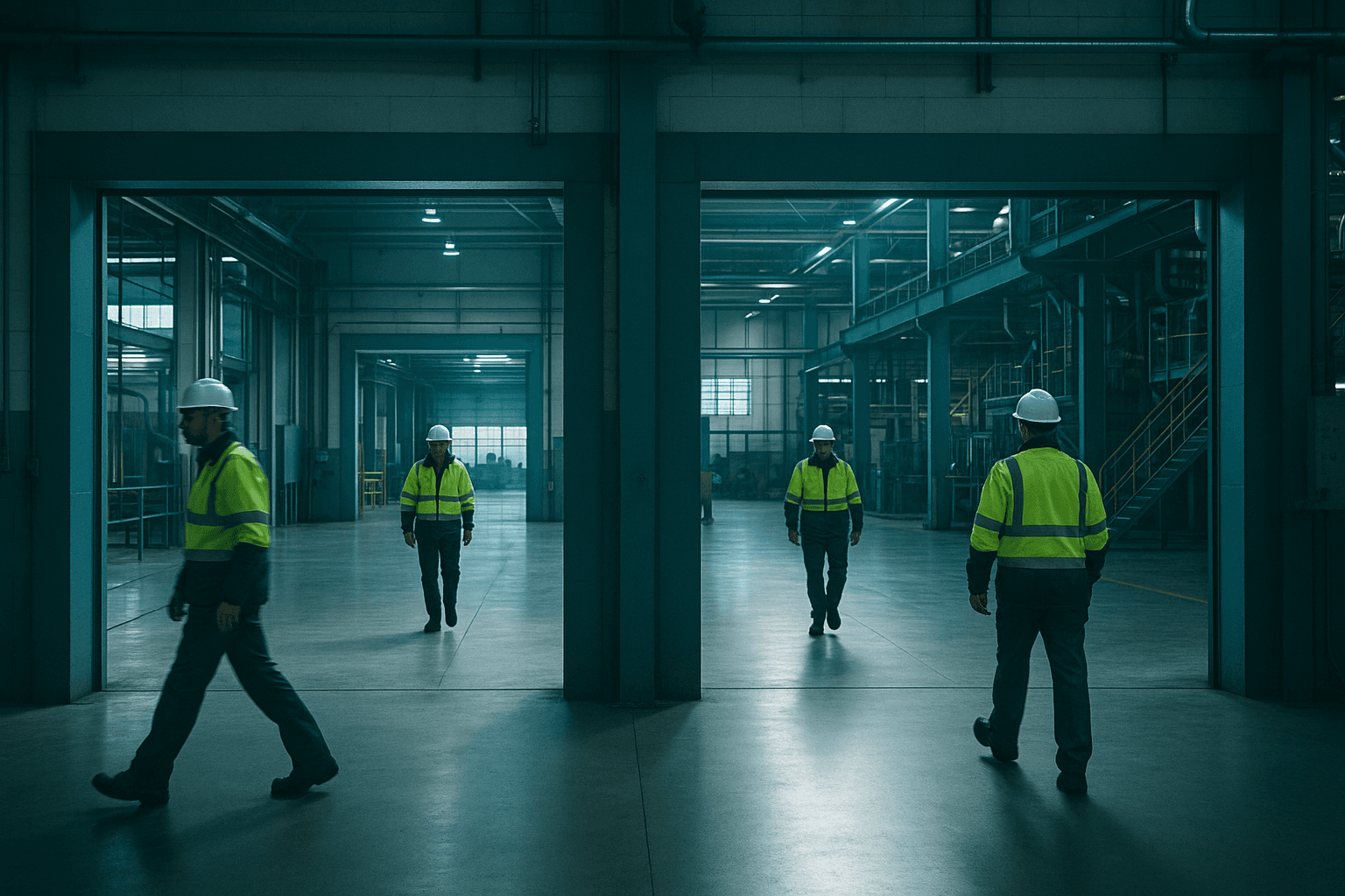 Workers in hi-vis moving freely through open thresholds between zones on an industrial site, no turnstiles