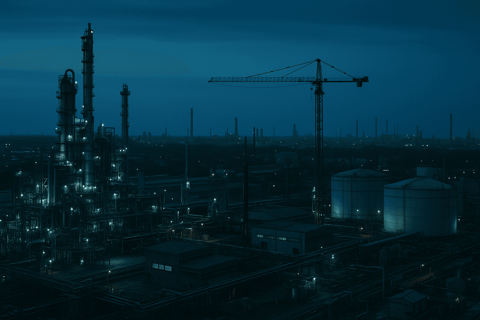 A mixed heavy-industry skyline of process plant, crane and storage tanks at blue hour